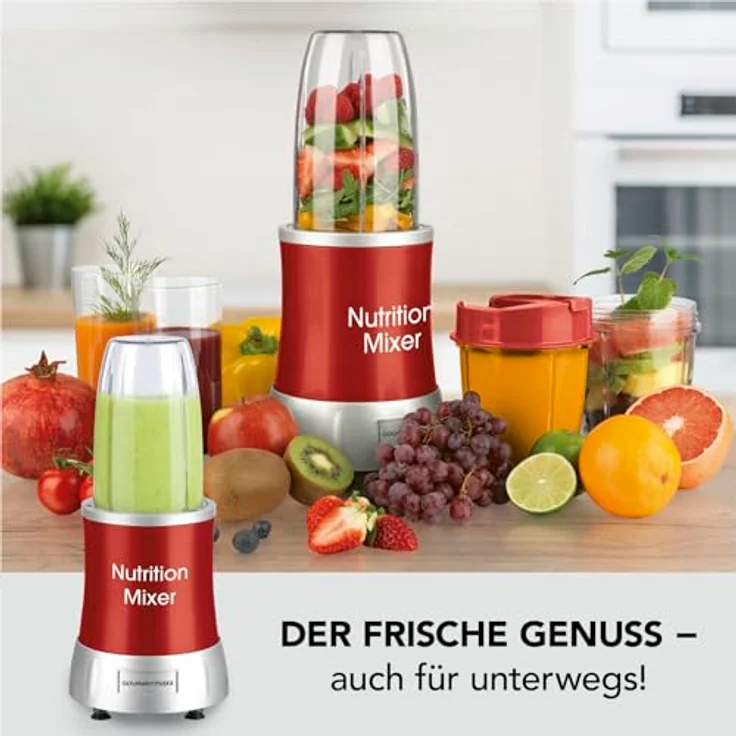 GOURMETmaxx Nutrition Mixer Deluxe 10-teiliges Set für Smoothies & Co. | 22.000 Umdrehungen für extra vitaminreiche Smoothies aus Obst & Gemüse | Inklusive 3 Bechern, To-Go Deckel, Rezepten und mehr – Bild 3