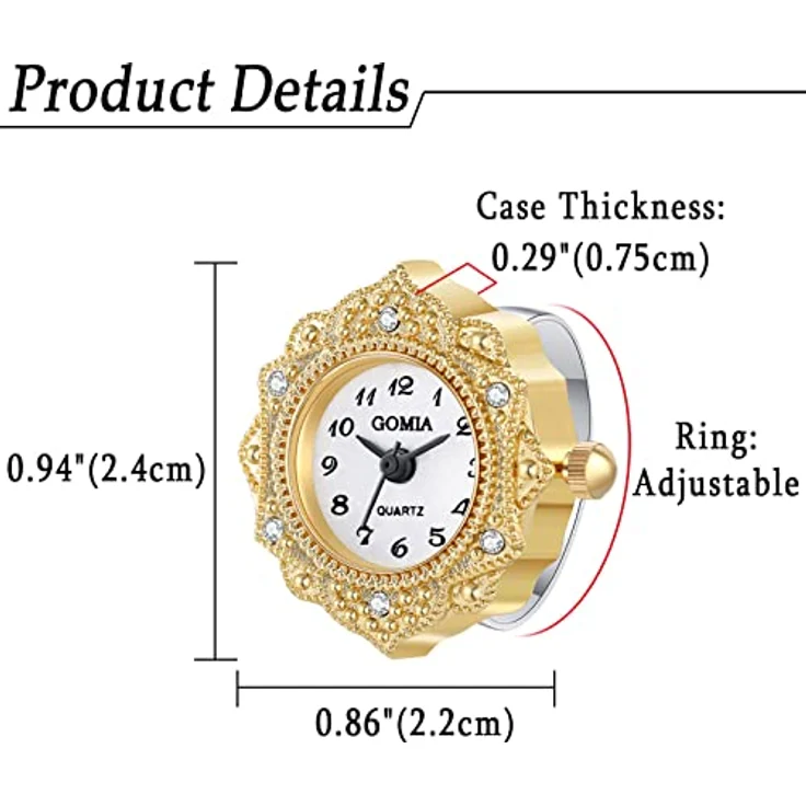 JewelryWe Ringuhr Damen Analog Quarz, Retro Geschnitzt mit Blumen, Strass, Edelstahl, Verstellbar, Weißes Zifferblatt und Gold Gehäuse – Bild 3