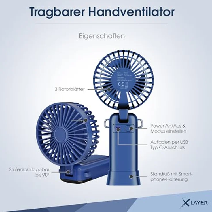 Xlayer Klappbarer Handventilator mit Smartphone Halterung, 1.200 mAh Akku, 5 Geschwindigkeiten, Blau – Bild 2