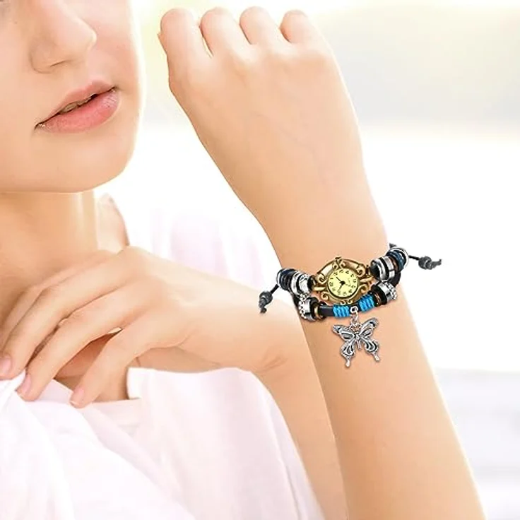 JewelryWe Vintage Schmetterling Analog Quarz Armbanduhr, Damen Uhr mit schwarzem Leder Wickelarmband und rundem Zifferblatt – Bild 2