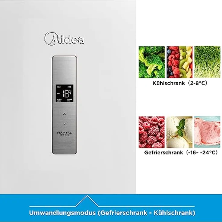 Midea MDRU333FZE01 Gefrierschrank/Kühlschrank/238L/172,2 cm hoch/NoFrost/Flexible Kühl- und Gefrierfunktion/Superkühl/Große Fächer/Zero Clearance/Easy Open Handgriff/Wechselbarer Türanschlag/Weiß – Bild 3