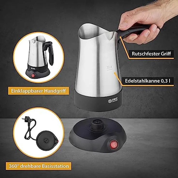 TZS FIRST AUSTRIA Kaffeebereiter, Edelstahl Mokkakocher mit 800W Leistung, 300ml, 360° drehbare Basisstation, klappbarer Griff, auch als Wasserkocher verwendbar – Bild 5