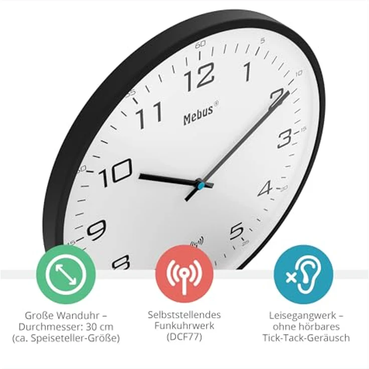 Mebus Funk-Wanduhr Modell 13079, 30 cm, lautlos, schwarzer Rahmen, weißes Zifferblatt, große und klare Anzeige – Bild 2