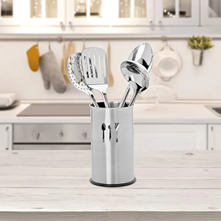 Relaxdays Küchenhelfer Set Edelstahl, 5 Teile, Besteckhalter, 4 Küchenutensilien, Kochzubehör, Kochgeschirr, silber – Bild 5