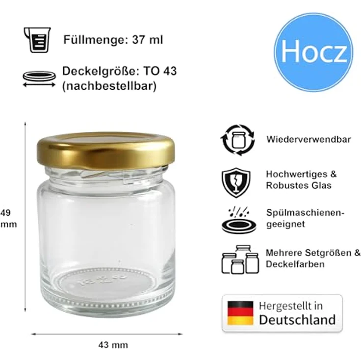 hocz 25x Mini Marmeladengläser 37 ml Set, goldene Schraubdeckel TO 43, luftdicht und spülmaschinenfest, ideal für Marmelade und Kreatives – Bild 2