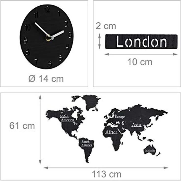 Relaxdays, Wanduhr, Weltkarte (113 cm) mit 5 Uhren – Bild 4