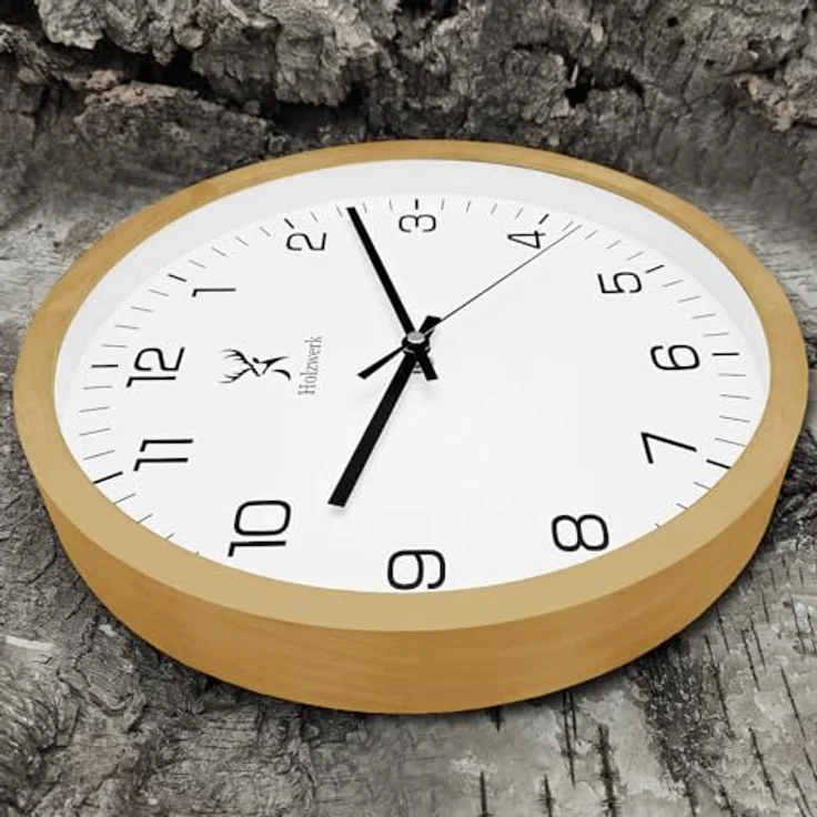 Holzwerk Germany Natur Holz Wanduhr Vintage, lautloses Uhrwerk ohne Tickgeräusche, handgefertigte Buche, Braun Weiß, 30 cm – Bild 2