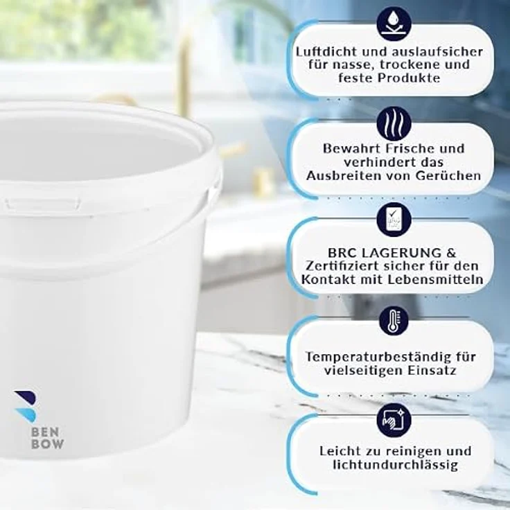 BenBow Eimer mit Deckel 5l weiß 5X 5l - lebensmittelecht, stabil, luftdicht, auslaufsicher, geruchsneutral - Plastikeimer mit Henkel - leer – Bild 2