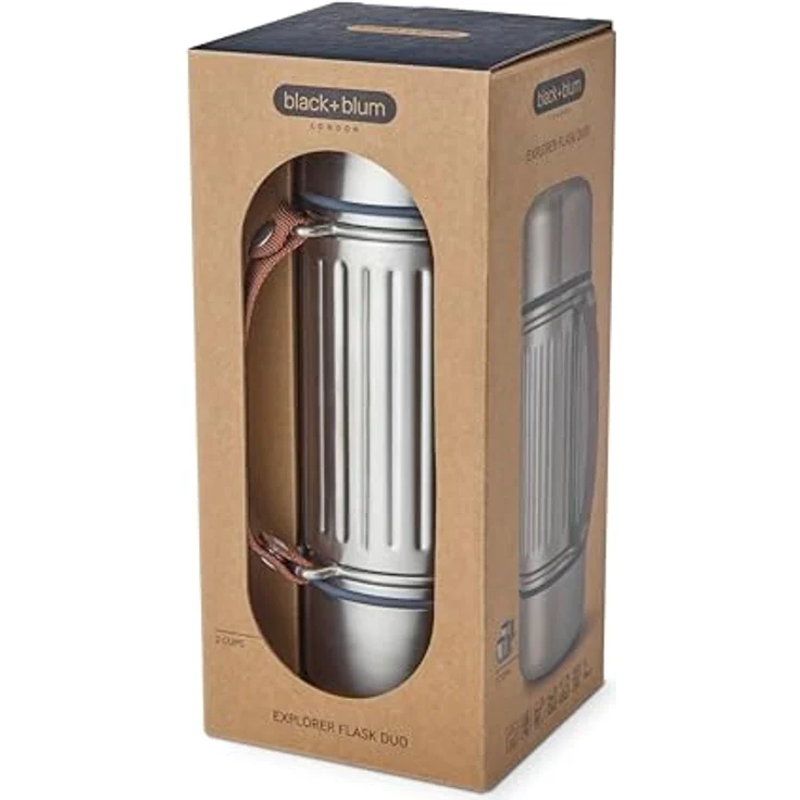 Black + Blum Explorer Flask Duo, 1-Liter vakuumisolierte Edelstahlflasche mit auslaufsicherem Deckel, Nylon-Tragegurt und zwei doppelwandigen Stahlbechern, hält 24 Stunden heiß und kalt – Bild 2