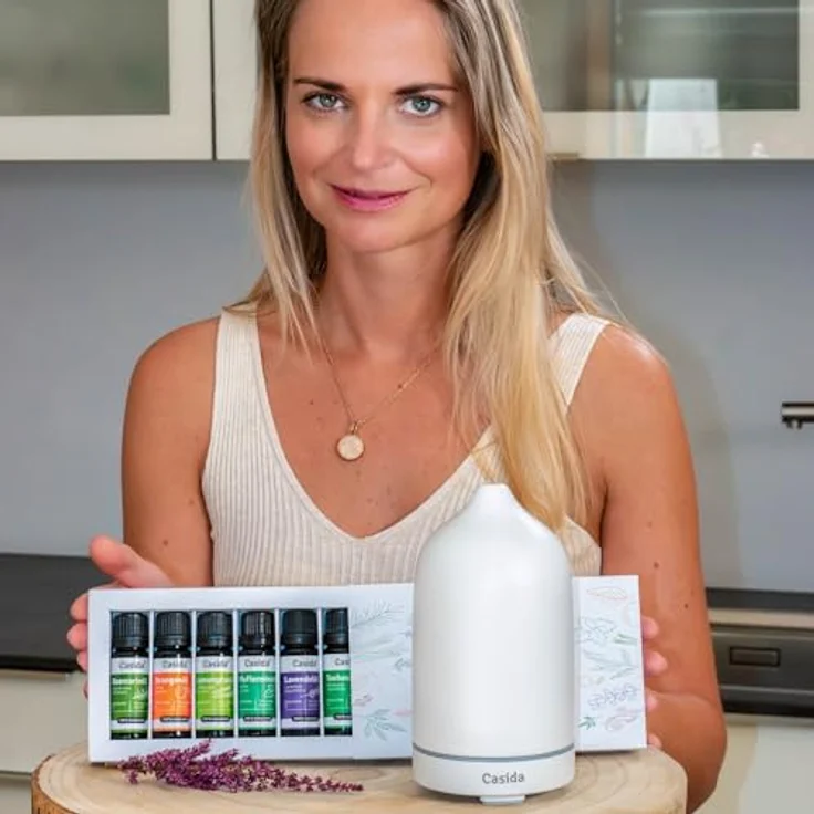 Casida Moderner Keramik Aroma Diffuser, 3-in-1: Ultraschall Diffusor, Luftbefeuchter & Nachtlicht mit LED Licht, 100 ml Wassertank (Weiß) – Bild 2
