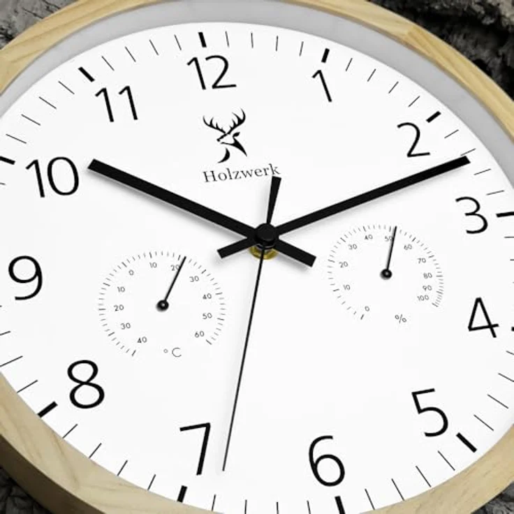 Holzwerk Holzwerk Wanduhr, Rund, beige und weiß, 30 cm, mit Thermo-Hygrometer, handgefertigt aus massivem Holz, minimalistisches Design – Bild 3