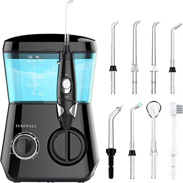 Munddusche Elektrische - TUREWELL Zahnzwischenraumreiniger mit 10 Druckstufen und 8 Düsen,IPX7 Wasserdicht Oral Irrigator, 600ML Wasser Flosser für Zuhause (Schwarz) – Bild 1