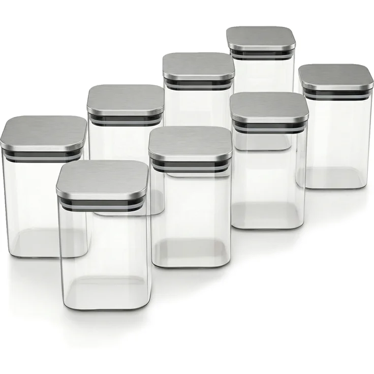 Arendo Vorratsgläser 8er Set, 1,2 L Borosilikatglas mit Edelstahldeckel, luftdicht, mikrowellengeeignet, hitzebeständig, eckig
