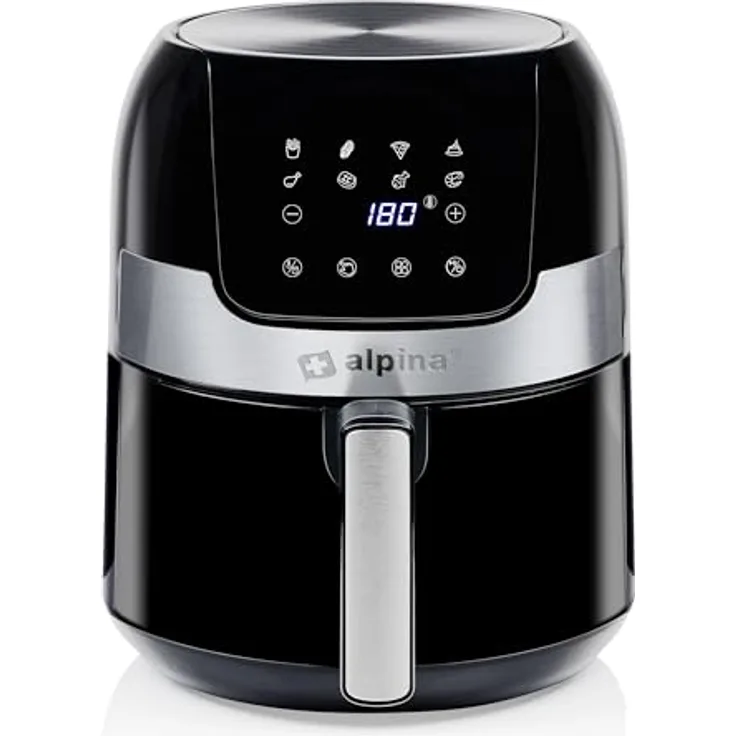 Alpina Airfryer 3,5L - Heißluftfritteuse 1400W - Temperatur Einstellbar von 80 bis 200 °C - Backofen für 3 bis 5 Personen - Luftfritteuse mit Timer bis 60 Min - Digitales Display - Metal - Schwarz