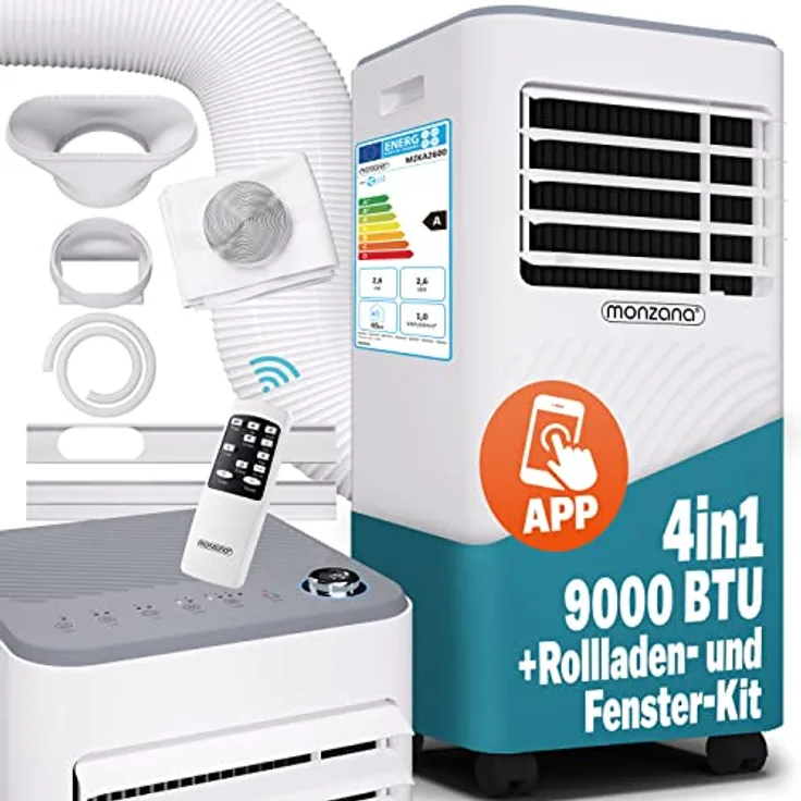 Monzana® MZKA2600 Klimaanlage, mobile 9000 BTU 4in1 mit WiFi App, Luftentfeuchter, Fernbedienung, für Räume bis 30qm