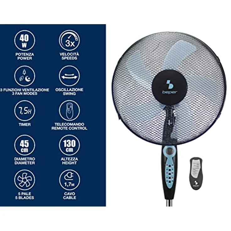 BEPER P206VEN131 Ventilator mit Fernbedienung, Fan 5 Flügel, Timer, 45 cm – Bild 2