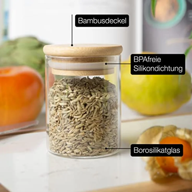 Moritz & Moritz Gewürzgläser Set, 12x 125 ml mit Bambusdeckel, inkl. 24 Tafelsticker & Kreidestift, bruchsicher und spülmaschinenfest, transparent – Bild 6