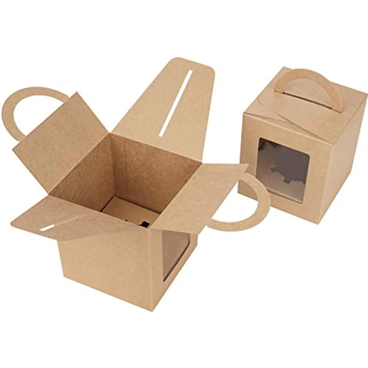 BELLE VOUS Gebäckdose aus Kraftpapier, braun, mit Fenster und Griff (50 Stück) – 9,39 x 9,39 x 10,66 cm – transparente und Einweg-Kuchenbox – Kekse, Cupcakes, Desserts und Torten – Bild 4