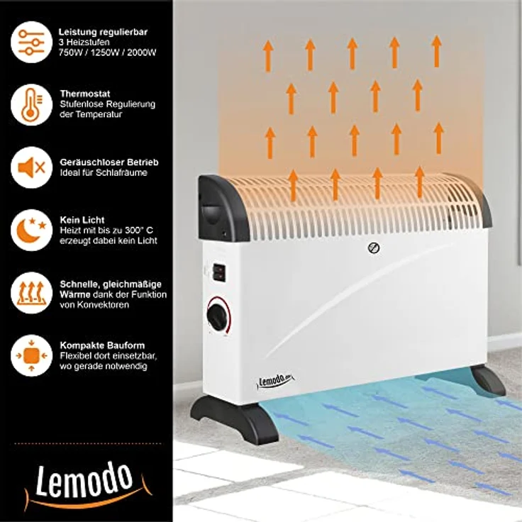 LEMODO Elektroheizung | Mobile Konvektor Heizung | Elektrische Heizung mit 3 Leistungsstufen (750W / 1.250W / 2.000W) | Heizgerät ohne Gas und ohne Öl | Energiesparender Elektroheizkörper – Bild 4