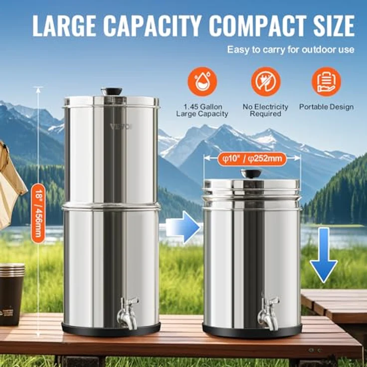 VEVOR Schwerkraft Wasserfiltersystem Edelstahl, 4,4 + 5,5 L Wasserfiltrationssystem mit 2 Kohlefiltern, reduziert Blei und bis zu 99 % Chlor – Bild 5