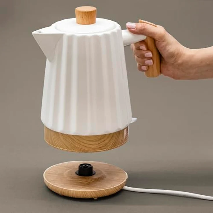 Kvota Keramik Wasserkocher ALLEGRO 1,7 L weiß – mit Holzgriff, 360°-Sockel, LED, BPA-frei, 1500 W, Retro Design – Bild 5