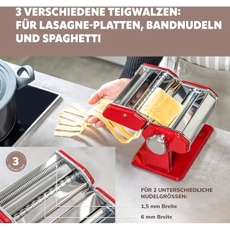 bremermann Nudelmaschine Edelstahl/Metall ROT, Pastamaker für Spaghetti, Tagliatelle und Lasagne mit 7 verstellbaren Teigdicken – Bild 5