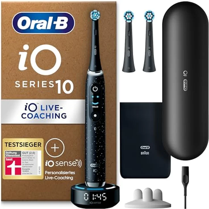 Oral-B iO Series 10 Plus Edition, Elektrische Zahnbürste mit 7 Modi, 3 Aufsteckbürsten, Lade-Reiseetui, Designed by Braun, cosmic black – Bild 1