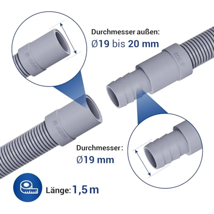 VIOKS Flexibler Abwasserschlauch Verlängerung 1,5m Ø19mm-22mm, Universal Ablaufschlauch passend für Waschmaschine und Geschirrspüler, temperaturbeständig von -20° bis +90° C – Bild 2