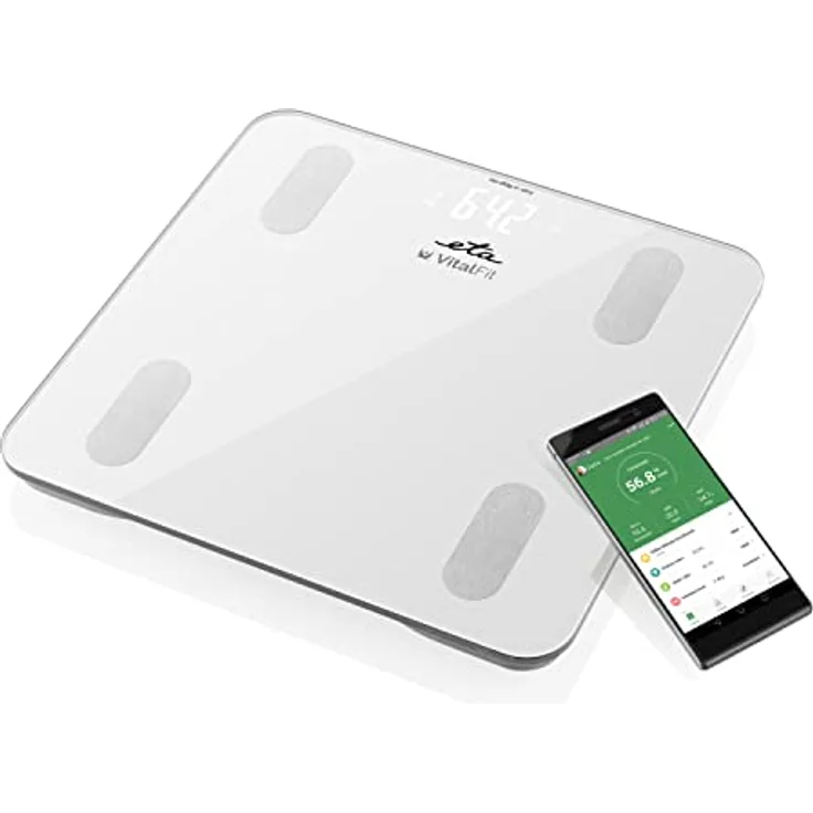 ETA Personenwaage Digital Vital Fit mit Smart-App - 18 Körpercharakteristiken Analysiert, 3x AAA, Weiß – Bild 1