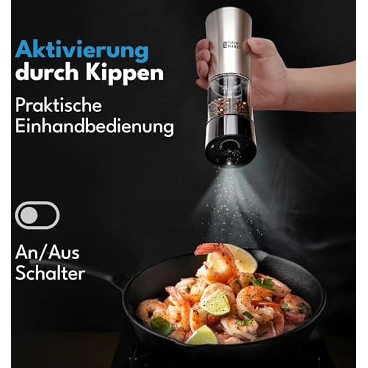 Lebenlang Elektrisches Salz-/Pfeffermühle Set, 2er Set mit Kipp-Sensor, Keramik-Mahlwerk und USB-Akku, gebürsteter Edelstahl – Bild 2