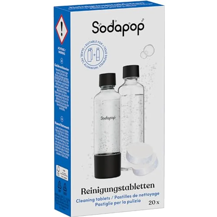 SODAPOP Reinigungstabletten 20 Stück, für Glas-, PET-, Aluminium- und Edelstahlflaschen, schnelle Reinigung durch Aktivsauerstoff, lebensmittelecht, hergestellt in Deutschland