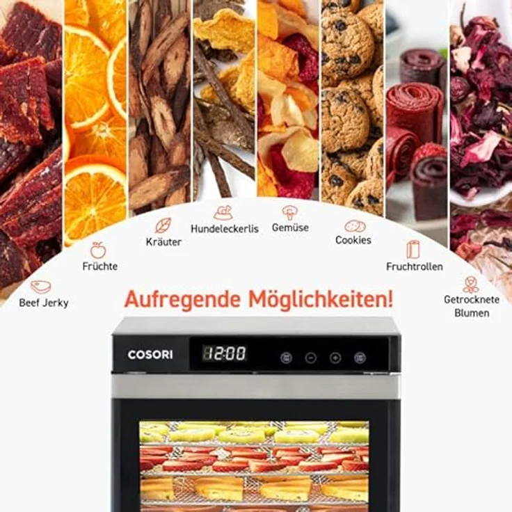 COSORI Dörrautomat Food Dehydrator mit 3 Dörrgitter, 3 Dörrmatten, 7 Ebenen, 650 Watt, silber, Edelstahl – Bild 5