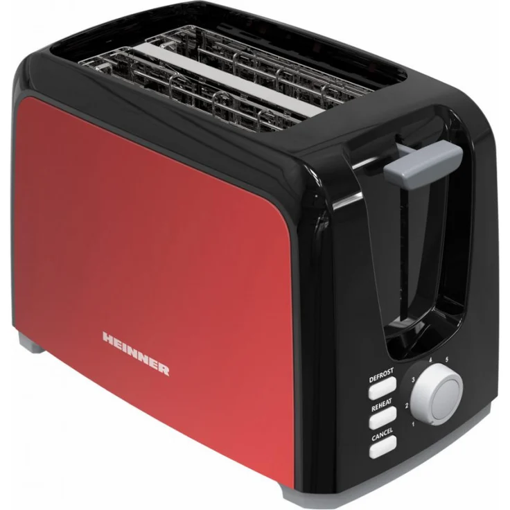 Heinner HTP-700BKRD, Toaster für 2 Scheiben, 700 W, Schwarz-Rot, mit Brötchenaufsatz und Auftaufunktion