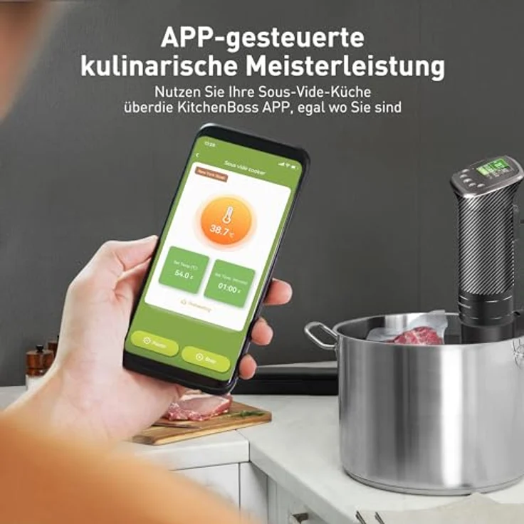 KitchenBoss Sous Vide Stick Garer, WiFi Präzisionskocher mit App-Steuerung, 1100W, IPX7 wasserdicht, TFT Touch Display, ultraleise Tauchzirkulation 40℃-90℃ – Bild 2