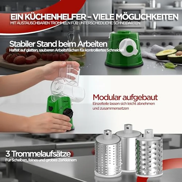 BI International Gemüseschneider mit Kurbel, Trommelreibe mit 3 Edelstahl-Klingen, stabiler Saugfuß und Lebensmittelschieber – Bild 3