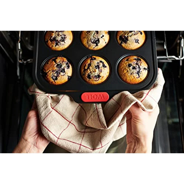 Woll Bakeware Muffinform für 12 Stück, mit hitzebeständigen Silikongriffen bis 230°C, PFAS-frei, zweilagige Antihaftbeschichtung, aluminisierter Stahl, schwarz – Bild 4
