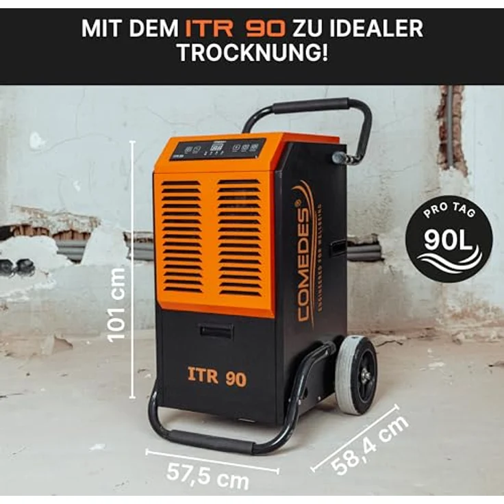 Comedes Bautrockner Luftentfeuchter ITR 90 mit 90 Liter/24h und Drainagepumpe, für Räume und Keller bis 150m²/345m³, Metallgehäuse – Bild 2