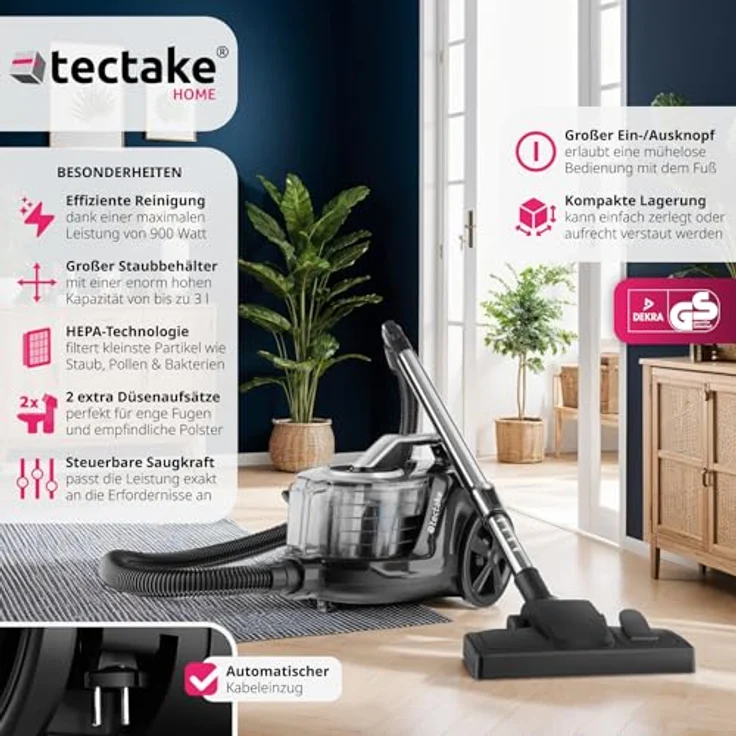 tectake® Staubsauger beutellos, VC900, 900 W, Stark, Tierhaarstaubsauger mit HEPA-Filter, Teleskopstange, Easy Clean, für Teppich und Hartboden – Bild 2
