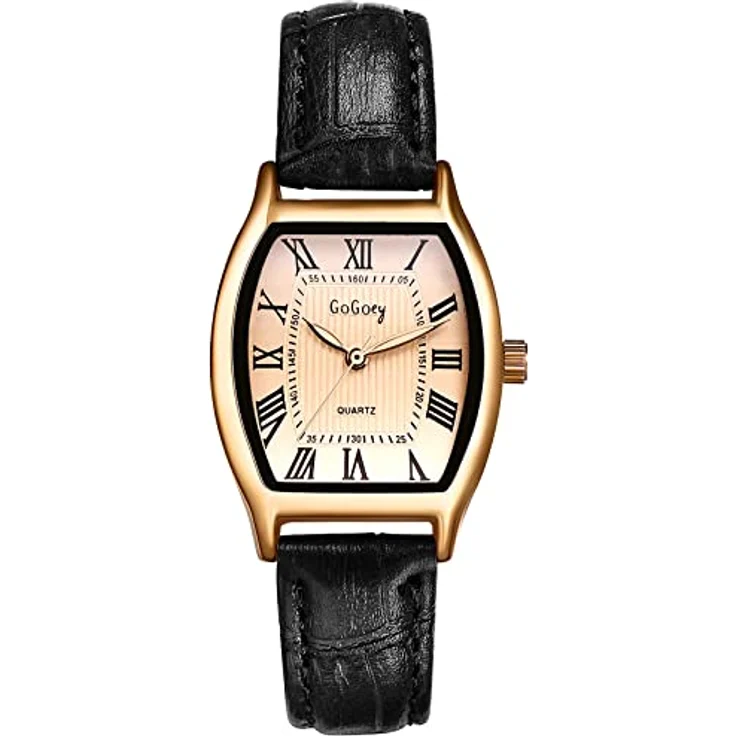 JewelryWe Damen Analog Quarz Armbanduhr Retro mit Römischen Ziffern, Rechteckiges Weinfass Gehäuse, Schwarz, PU Lederarmband – Bild 1