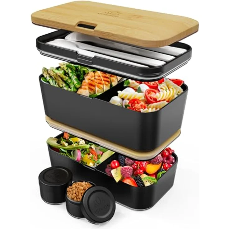 UMAMI Lunchbox Bento für Erwachsene, auslaufsichere Brotdose mit Fächern, inklusive Besteck und 2 Saucenbehältern, ideal für Meal Prep und Snacks – Bild 1