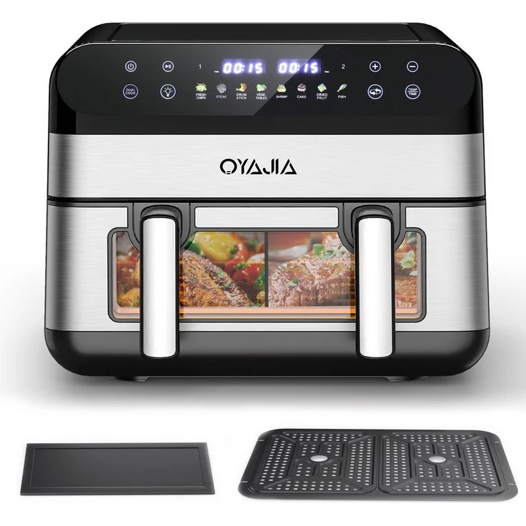 oyajia Heißluftfritteuse 2 Kammern, 10L Doppelkammer Airfryer, 2600W mit Touchscreen, 8 in 1, XXL mit Sichtfenster, herausnehmbarer Trennwand, Edelstahl