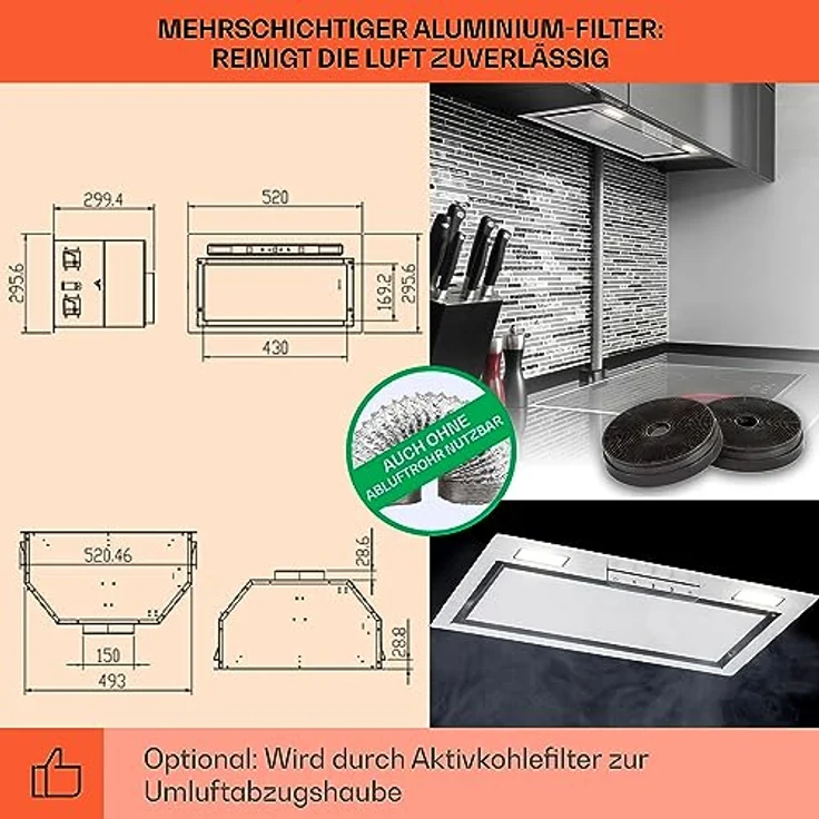 Klarstein Dunstabzugshaube 52cm, Abluft-Dunstabzugshaube mit Spülmaschinenfestem Aluminium Filter, Leise Abzugshaube für Abluft, 397 m³/h Luftstrom, Wandhauben mit LEDs, Dunstabzug zur Wandmontage – Bild 5