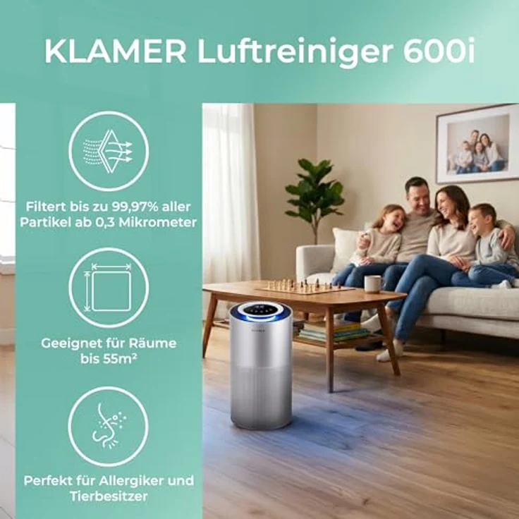 KLAMER Luftreiniger 600i mit HEPA Filter, CADR 450 m³/h, für Räume bis 55m², entfernt 99,9% Pollen, Viren und Allergene, 3 Modi inkl. Automatikmodus, Smartphone Steuerung – Bild 2