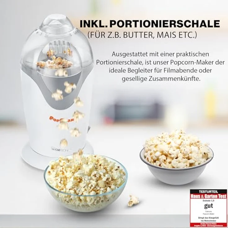 Clatronic PM 3635 Popcornautomat, kalorienbewusste Popcornherstellung durch Heißluft, schnelle Zubereitung, weiß – Bild 3