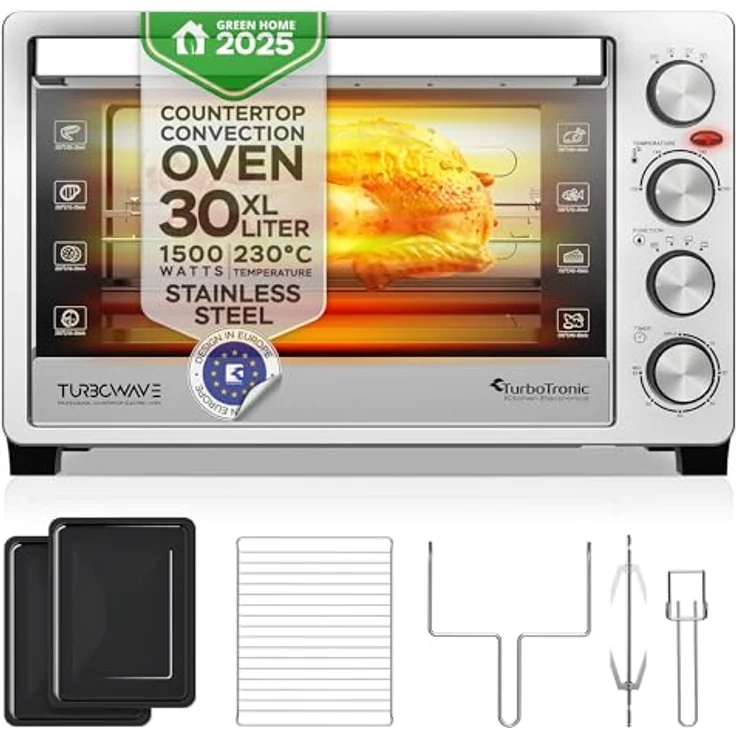 TurboTronic 30 L Elektrobackofen mit Grill, Umluft, Drehspieß & Timer, Edelstahl, 1500W, 4-in-1 Funktion – Bild 1