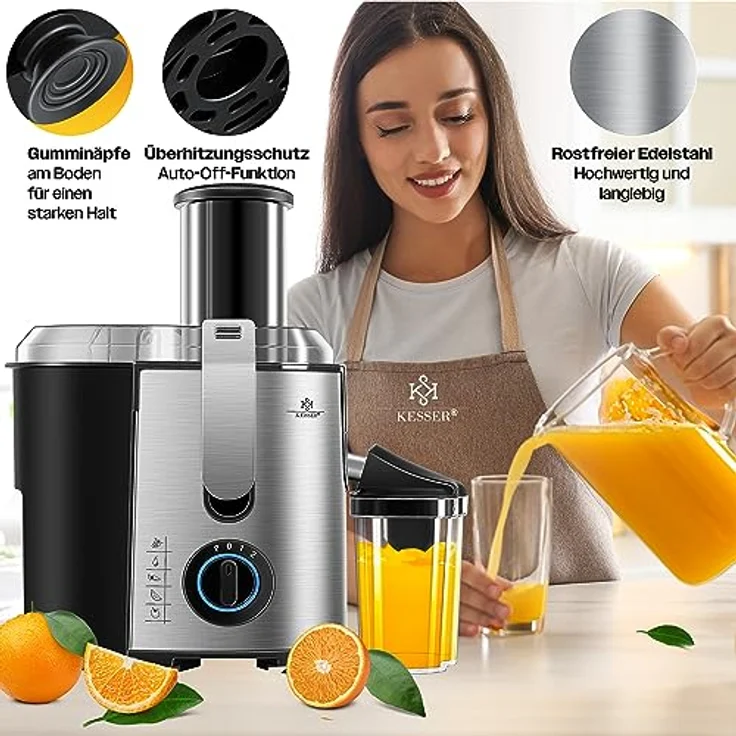 KESSER S030M0384A1P2 Entsafter für Obst und Gemüse, 1100W, große 85 mm Einfüllöffnung, inkl. Reinigungsbürste und Saftbehälter, 3 Geschwindigkeitsstufen, aus Edelstahl, silber – Bild 5