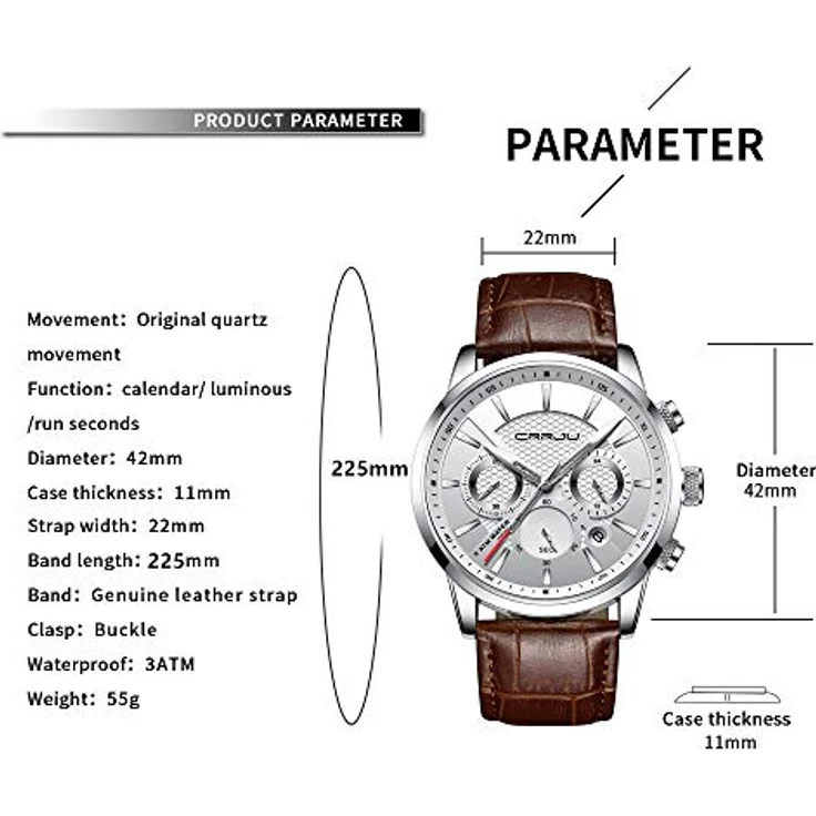 CRRJU Chronograph Herrenarmbanduhr, Analog Quarz mit Lederarmband, wasserdicht, Datumsanzeige, Schwarz – Bild 5