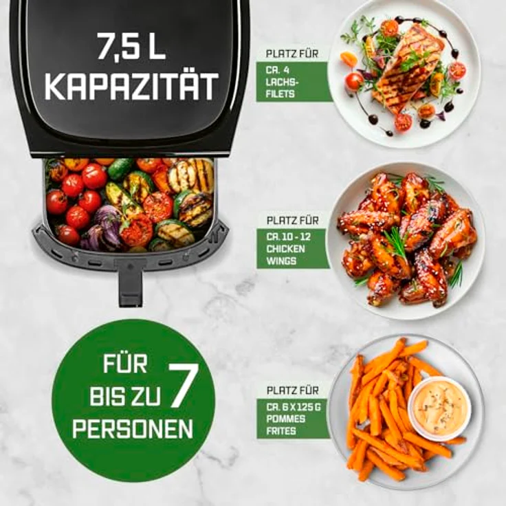 GOURMETmaxx Heißluftfritteuse AirGenius, 7,5 l - Mattschwarz, farbiges LED-Touchdisplay, 7 Programme, 1700 Watt, 360° Heißluftzirkulation – Bild 5