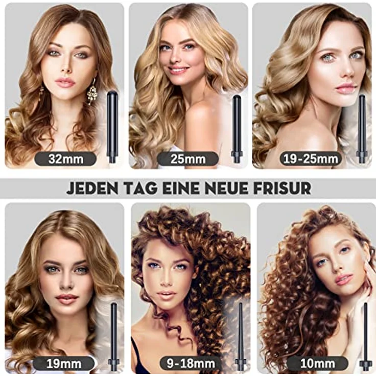 Lockenstab Große und Kleine Locken Set - 6 in 1 Mit Verschiedenen Aufsätzen Antistatische Keramik Turmalin Beschichtung Welleneisen für Beach Waves – Bild 3
