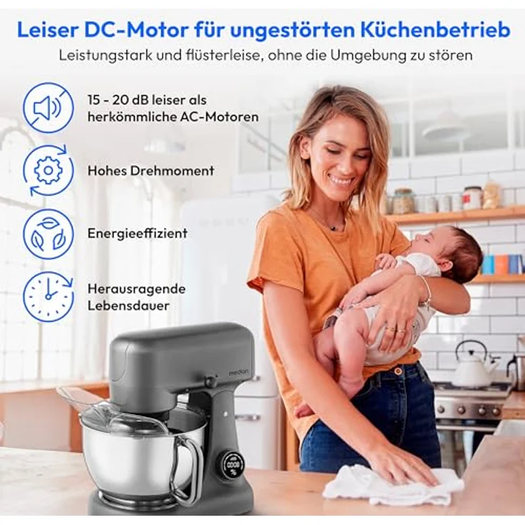 MEDION Küchenmaschine mit Fleischwolf (800 Watt, 4,6 Liter Edelstahlschüssel, Sensor-Touch-Display) Titan – Bild 3